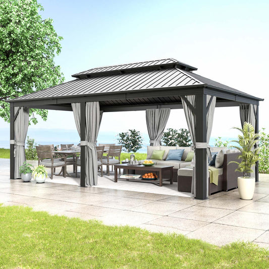 Aoxun 12' X 20' Hardtop Gazebo, Galvanized Steel Double Top, Aluminum Metal Gazebo with Curtains and Netting, Permanent Gazebo Pavilion for Wedding,