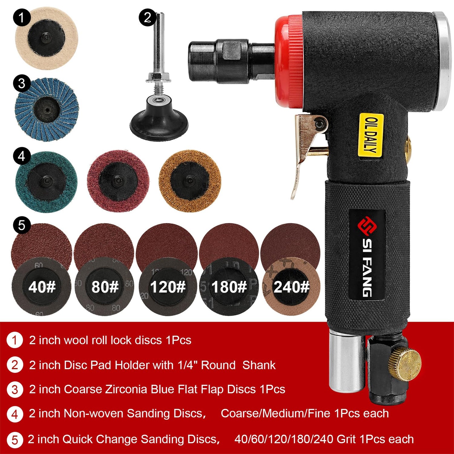 SI FANG 16Pcs Air Die Grinder Kit, Right Angle Die Grinder with 1/4" 1/8" Collets and 2" Quick Change Roll Lock Sanding Discs Accessories Set, SI FANG