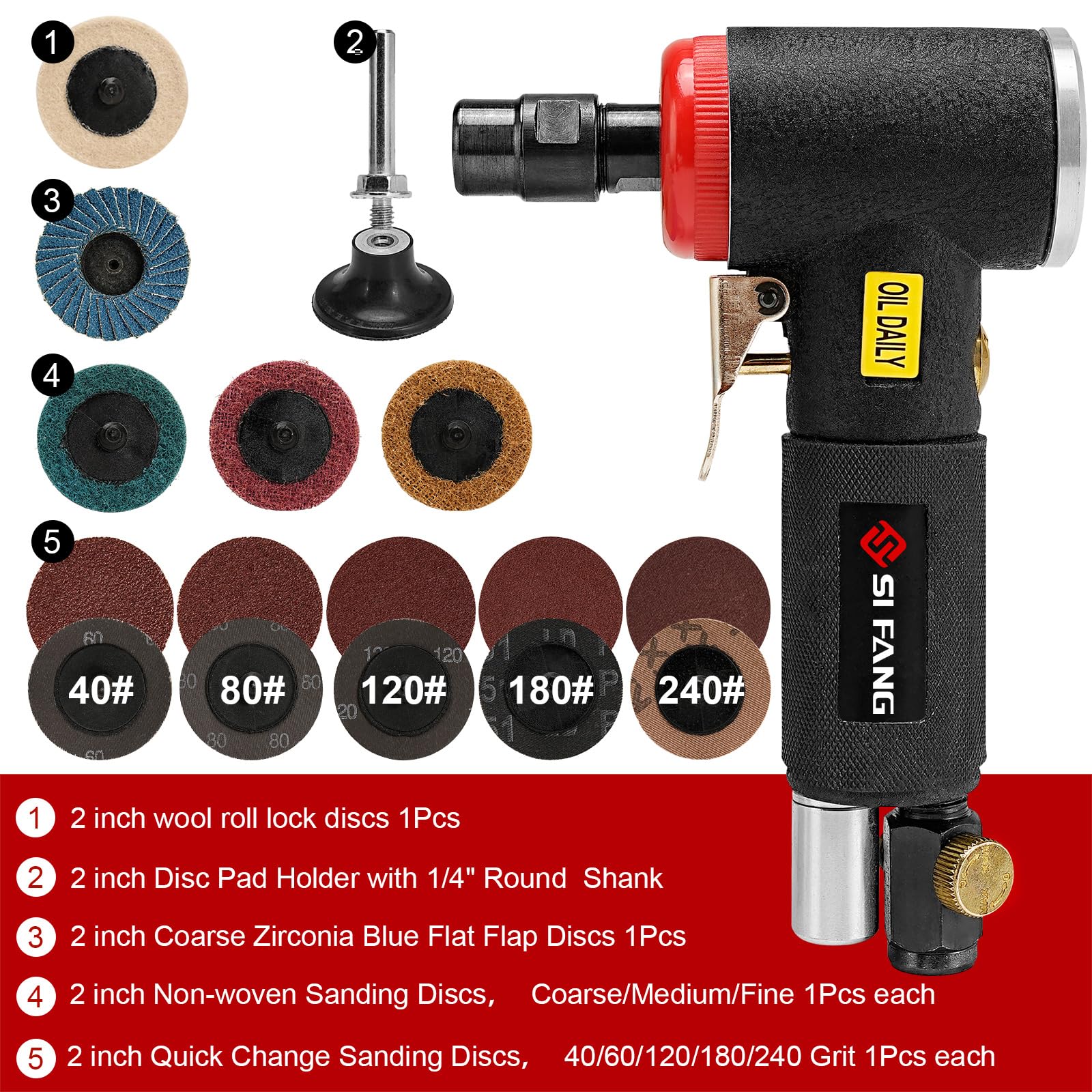 SI FANG 16Pcs Air Die Grinder Kit, Right Angle Die Grinder with 1/4" 1/8" Collets and 2" Quick Change Roll Lock Sanding Discs Accessories Set, - WoodArtSupply