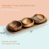 cintika Hand-Carved Set of 4 Acacia Calabash Bowls with Baguette Tray. Durable Wooden Bowl Set. Snack, nut, dip bowl. - Wooden Dinnerware set. 4" cintika