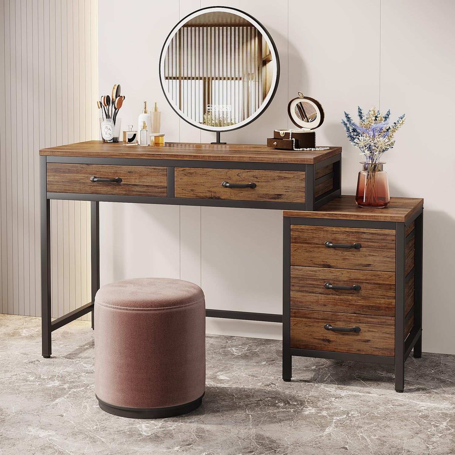 Tribesigns Vanity Desk with 5 Drawers, Makeup Vanity Table Dressing Table with Side 3-Drawer Chest, Make Up Vanities for Women, Girls (Without Tribesigns