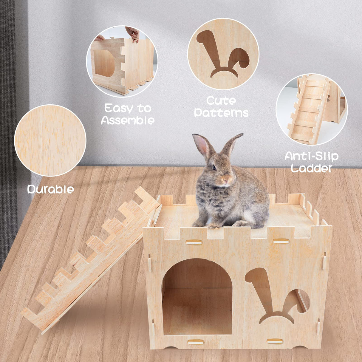 BWOGUE Extra Large Wooden Rabbit Castle Bunny House and Hideouts Detachable Small Animal Play Hideaway Hut for Indoor Adult Rabbit Guinea Pig BWOGUE