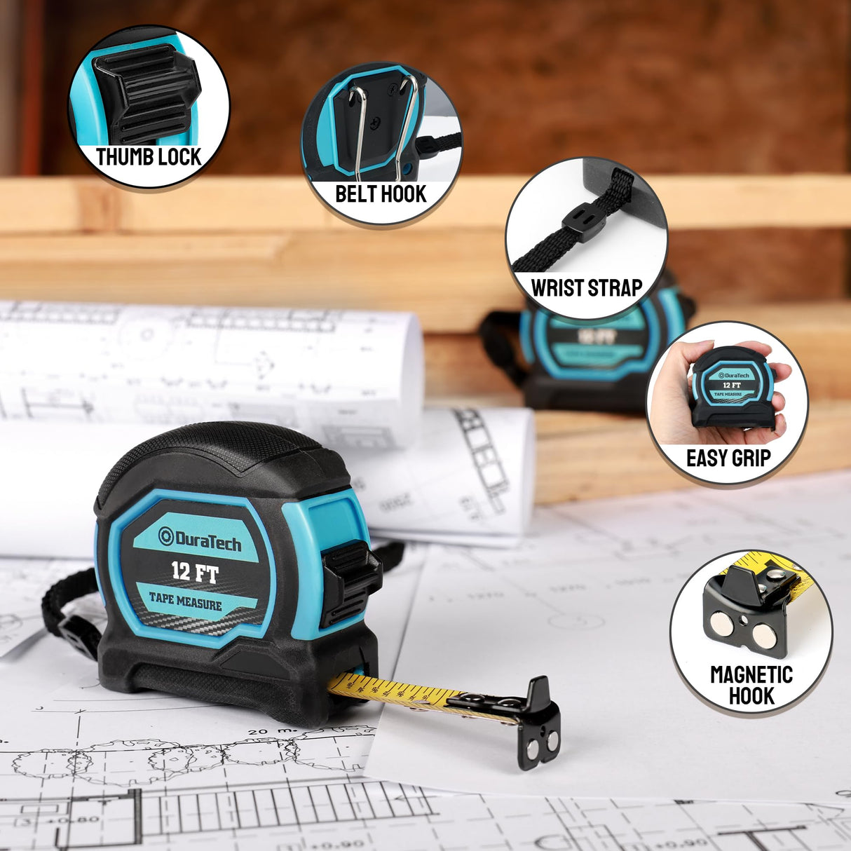 DURATECH Magnetic Tape Measure 12FT with Fractions 1/8, 2 Pack Retractable Measuring Tape, Easy to Read Both Side Measurement Tape, Magnetic Hook and DURATECH