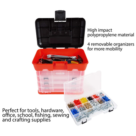 Storage Tool Box - Portable Multipurpose Organizer With Main Top Compartment and 4 Removable Multi-Compartment Trays by Stalwart,Red,11 in x 7 in x Stalwart