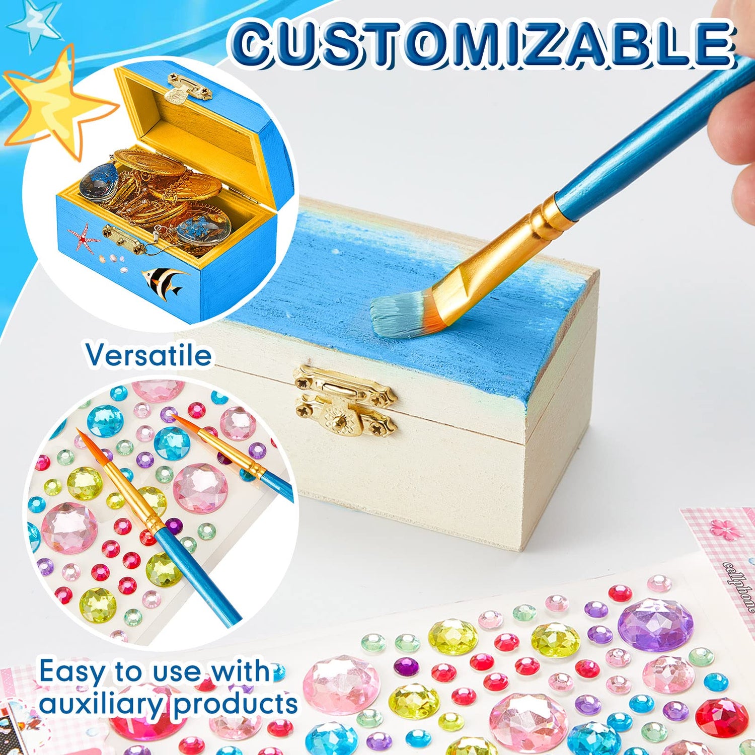 Leinuosen 15 Pcs Small Wooden Boxes with Hinged Lids 3.5 x 2.2 x 1.9 Inch Unfinished Wooden Treasure Chest Box 10 Pcs Paint Brushes with 2 Sheets Leinuosen
