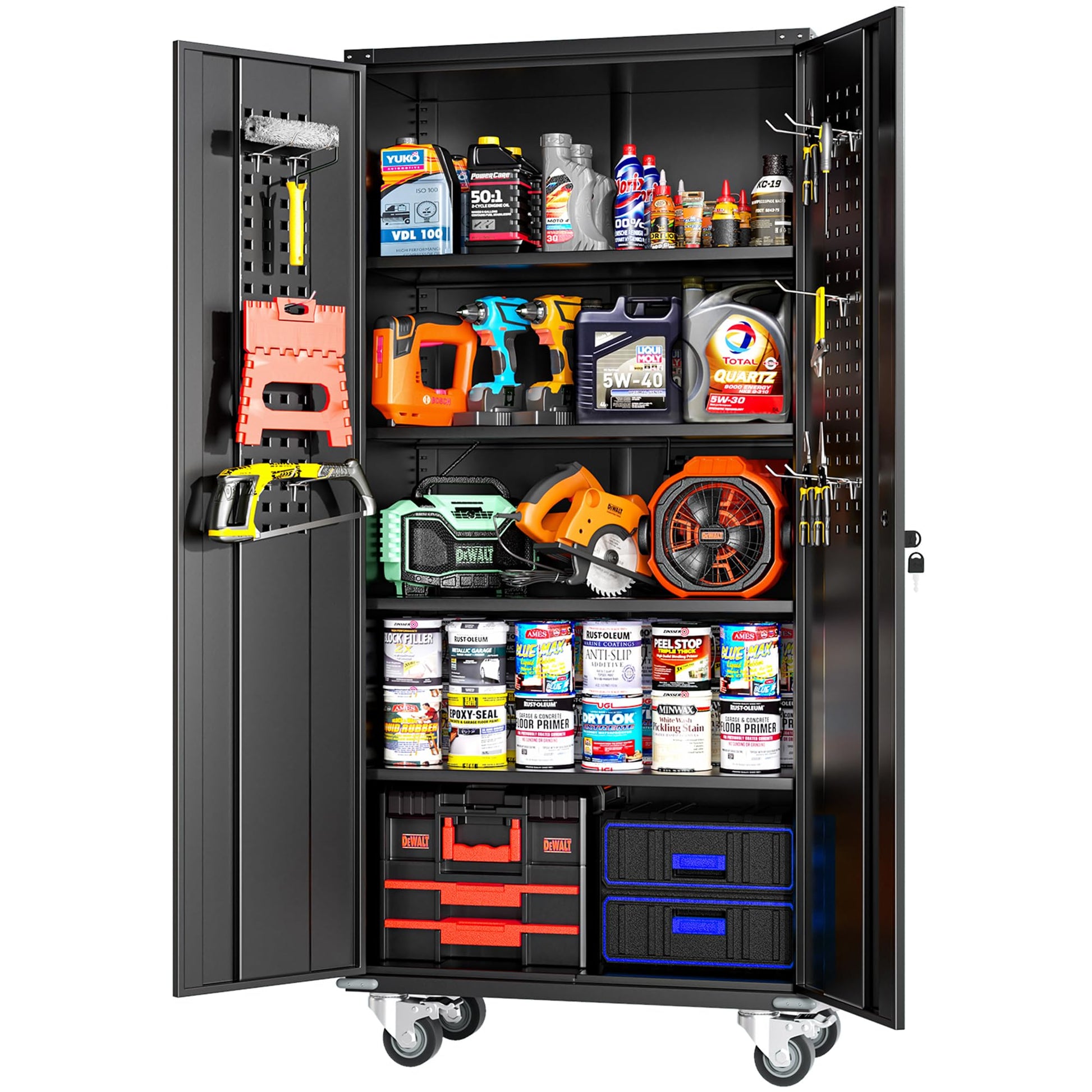 Greenvelly Metal Storage Cabinet with Wheels, 72" Black Garage Rolling Cabinet with Doors and 4 Shelves, Steel Locking Cabinets Tall Tool Lockable - WoodArtSupply