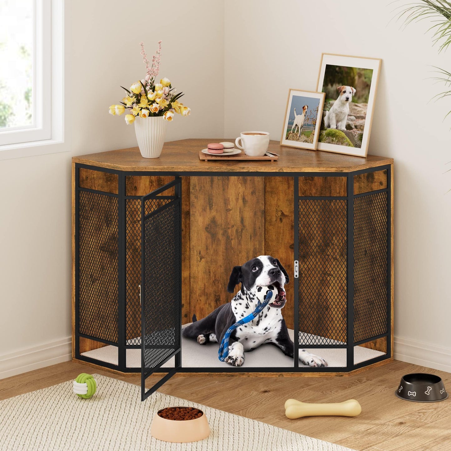 YITAHOME Corner Dog Crate Furniture, 43.7 inch Wooden Dog Crate End Table with Metal Mesh, Dog Kennel Furniture for Small Medium Dogs, Brown - WoodArtSupply