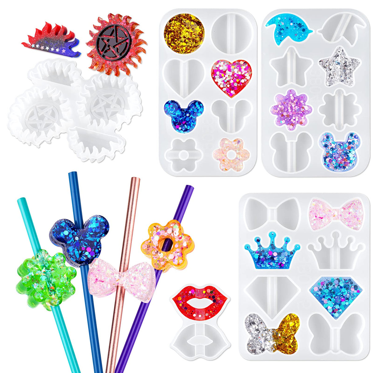 NiArt 8mm Straw Topper Epoxy Resin DIY Casting Silicone Mold Kit, 5 Molds with 14 Shapes NiArt