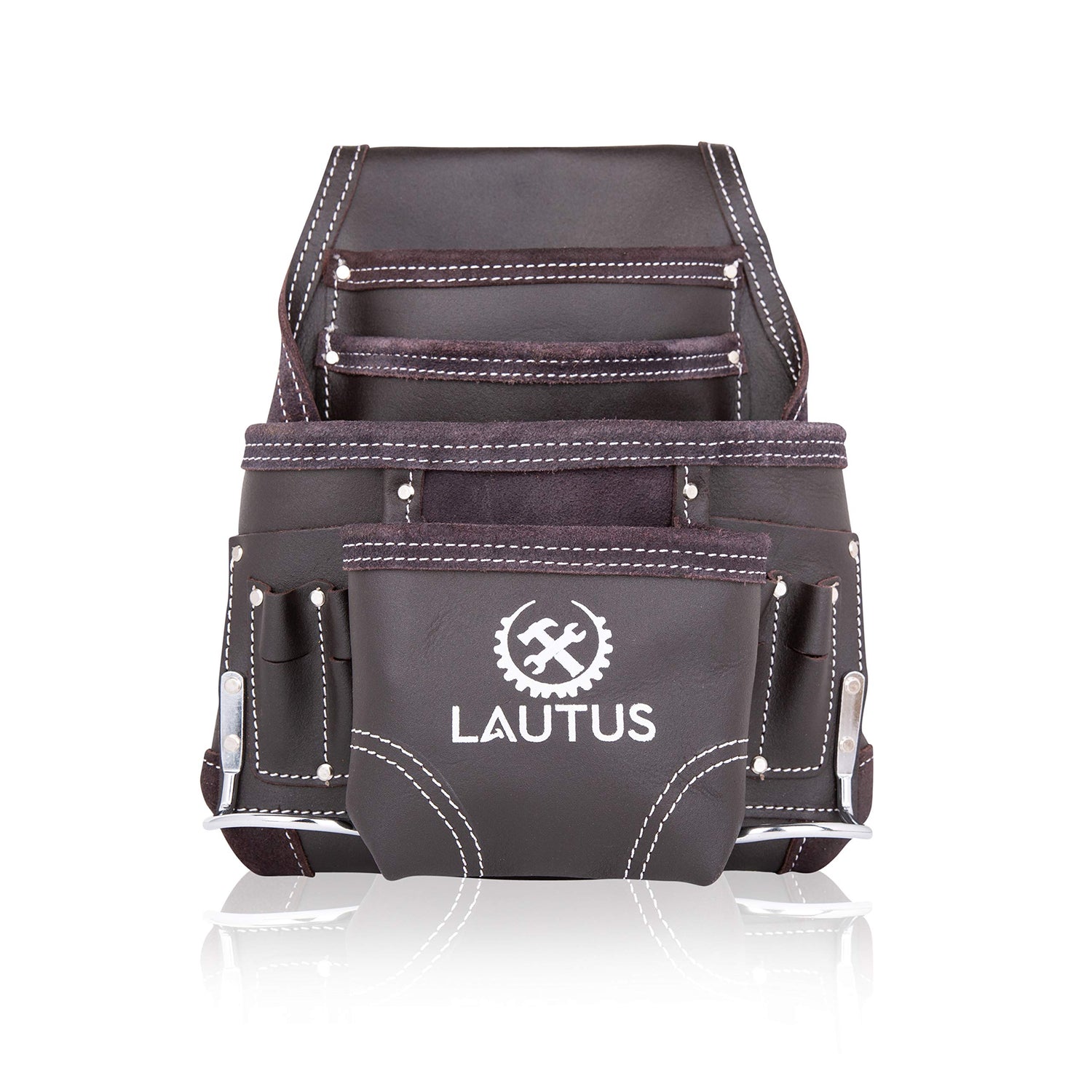 LAUTUS Oil Tanned Leather Tool Pouch Bag | Carpenter, Construction, Framers, Handyman | 10 Pockets, 2 Hammer Holders | 100% Leather Dark Brown LAUTUS
