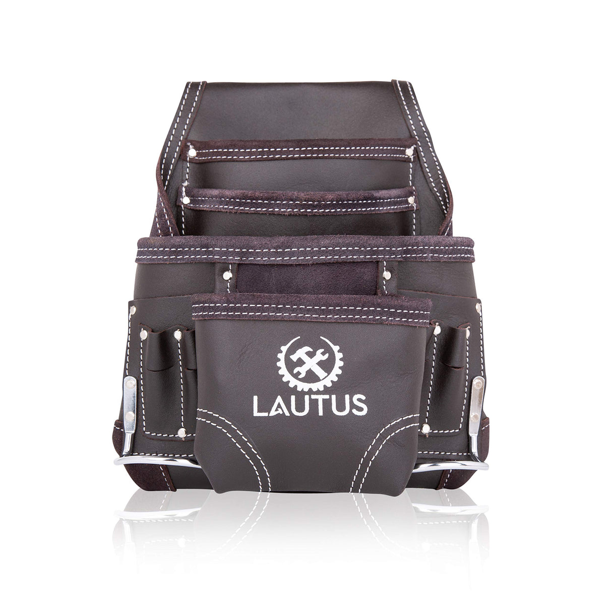 LAUTUS Oil Tanned Leather Tool Pouch Bag | Carpenter, Construction, Framers, Handyman | 10 Pockets, 2 Hammer Holders | 100% Leather Dark Brown LAUTUS