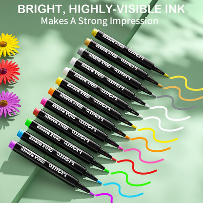 Chalk Markers - 12 Vibrant, Erasable, Fine Tip, Includes 3 Metallic Liquid Chalk Markers For Kids - Wet Erase Markers Fine Point - Chalk Board - WoodArtSupply