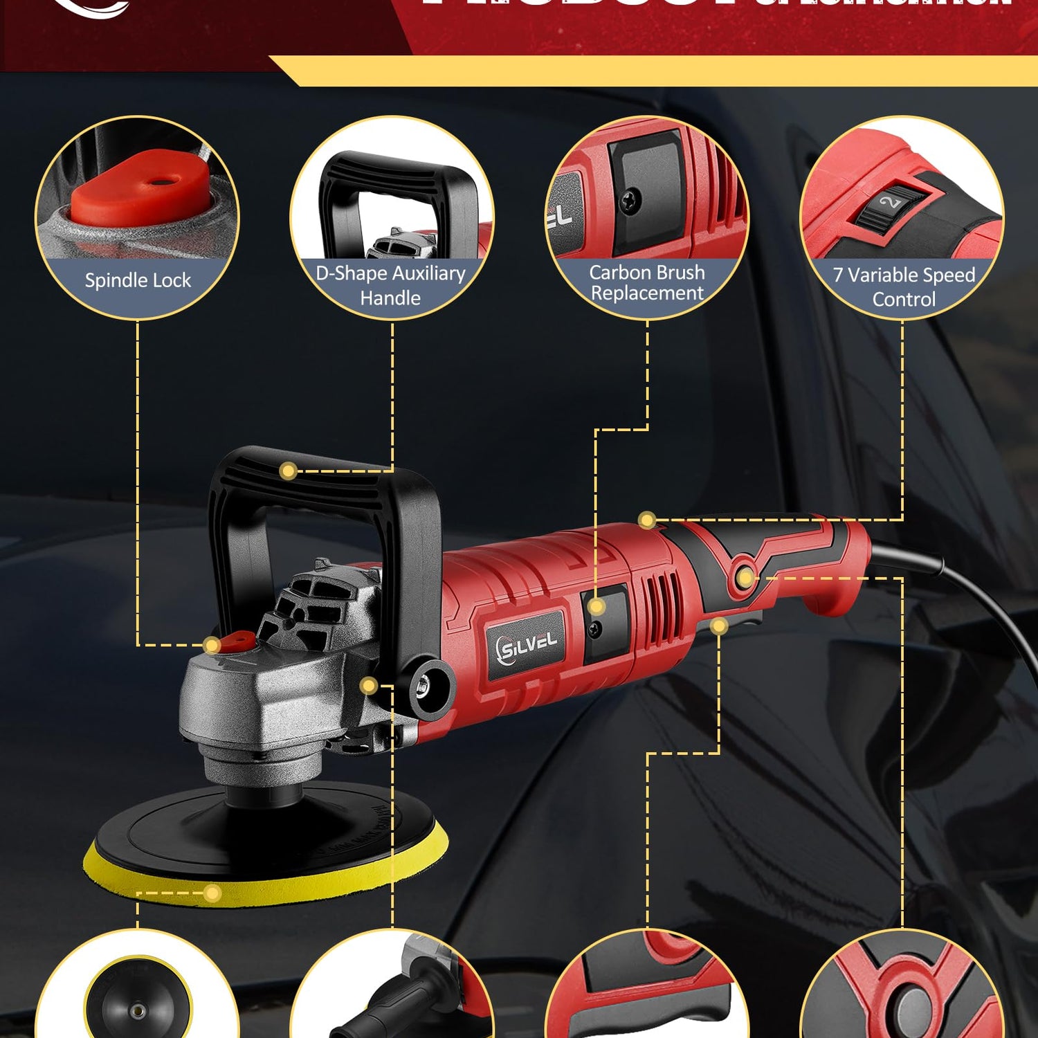 SILVEL Buffer Polisher, 1600W 7 Inch/6 Inch Polisher for Car Detailing, Wax Machine, 7 Variable Speed, with 6 Foam Pads, 3 Wool Pads, Packaging Bag, SILVEL