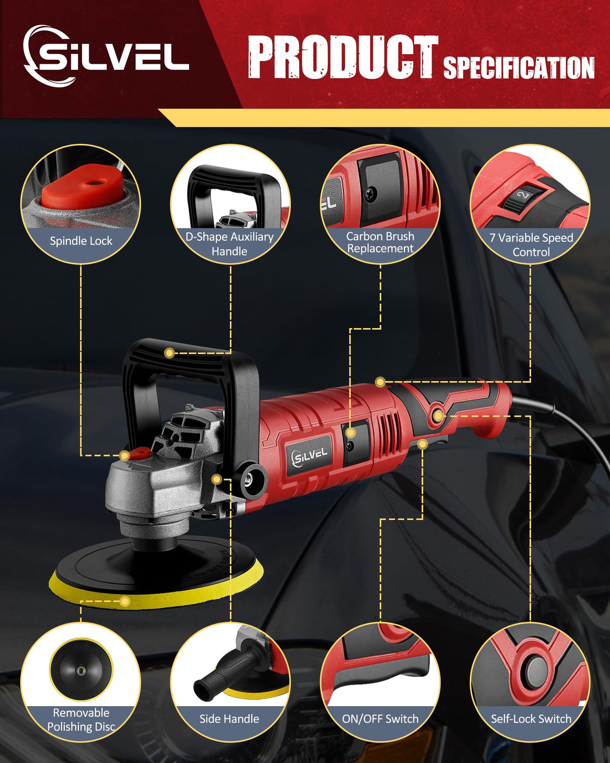 SILVEL Buffer Polisher, 1600W 7 Inch/6 Inch Polisher for Car Detailing, Wax Machine, 7 Variable Speed, with 6 Foam Pads, 3 Wool Pads, Packaging Bag, SILVEL