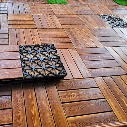 11 PCS Outdoor Wood Patio Flooring Interlocking Deck Tiles, 12" x 12" Waterproof All Weather Floor Matching Floor, Patio Floor Decking Tiles for