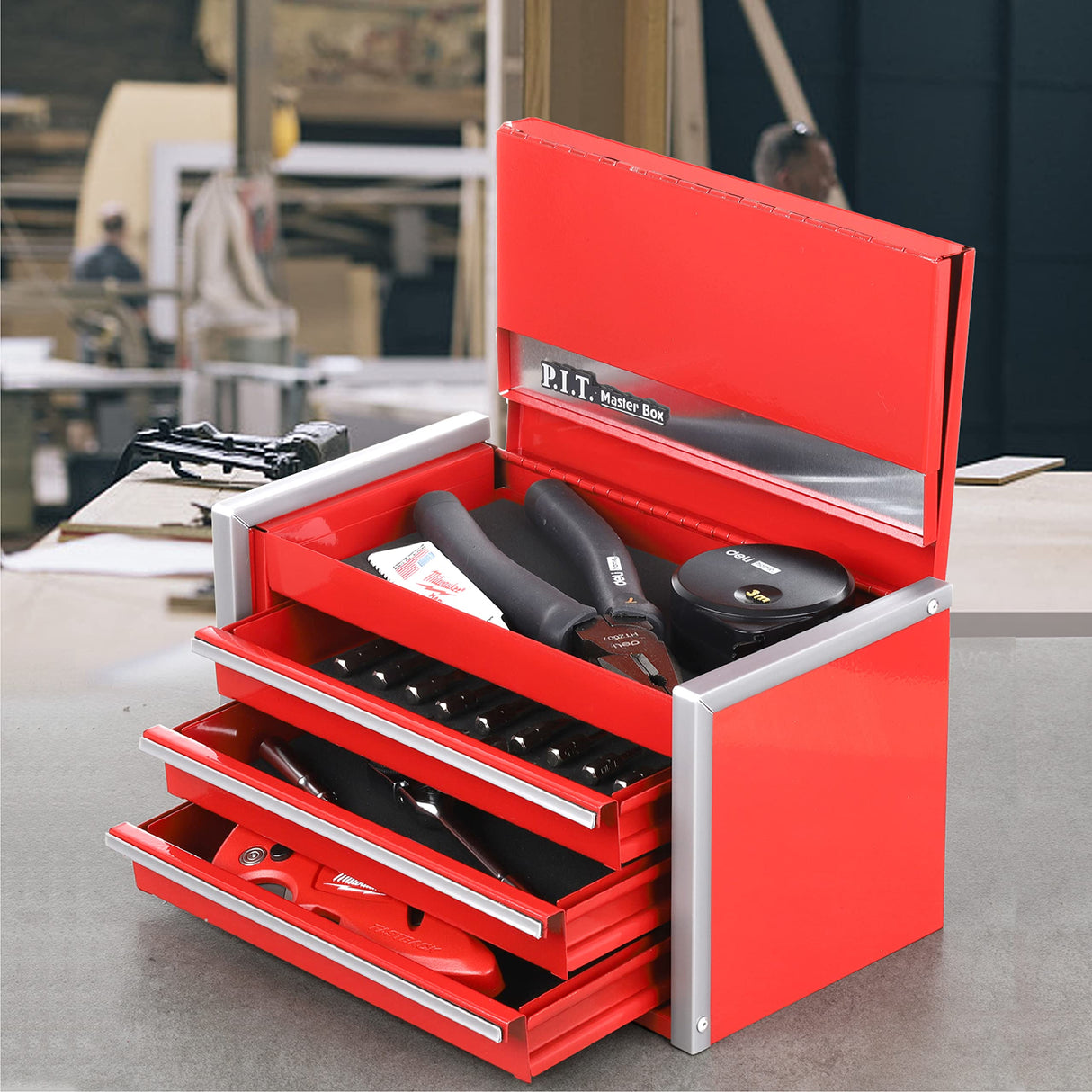 P.I.T. Mini Red Tool Box, Portable 3 Drawer Steel Tool Box with Magnetic Tab Locking, Red Micro Top Chest with Liner for Tools Storage, Home DIY P.I.T.