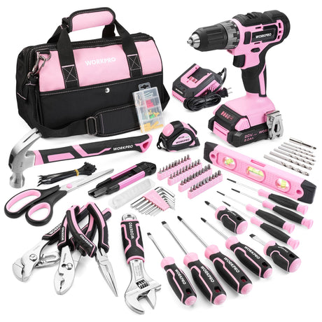 WORKPRO Pink Household Tool Kit with Drill, 157PCS Tool Set with 20V Cordless Lithium-ion Drill Driver, Home Tool Kit for All Purpose, Power Drill WORKPRO