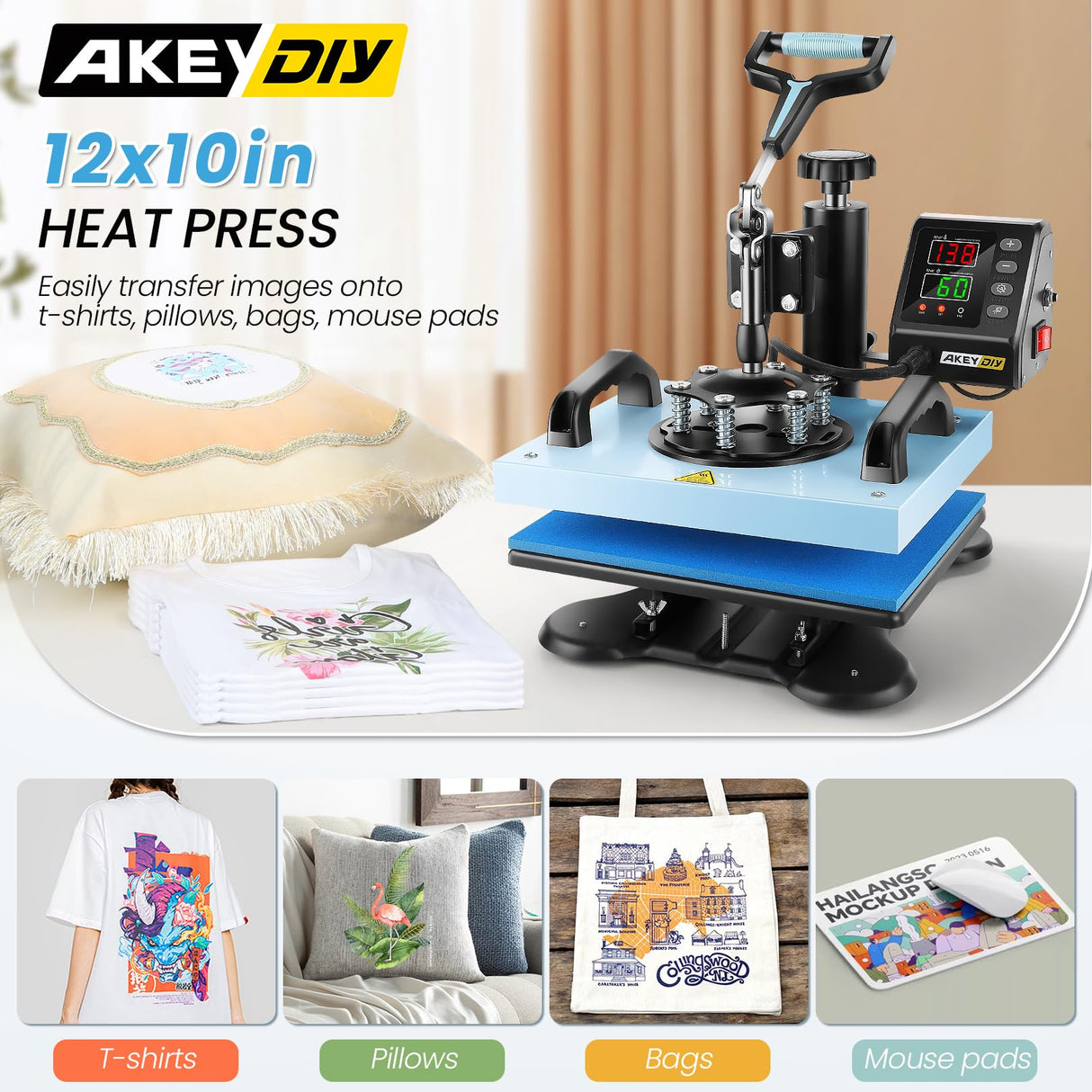 AKEYDIY Upgraded Heat Press Machine for T Shirts 12x10Inch Multifunction Shirt Press Machine 360° Swing Away Sublimation Heat Press Digital Heat AKEYDIY