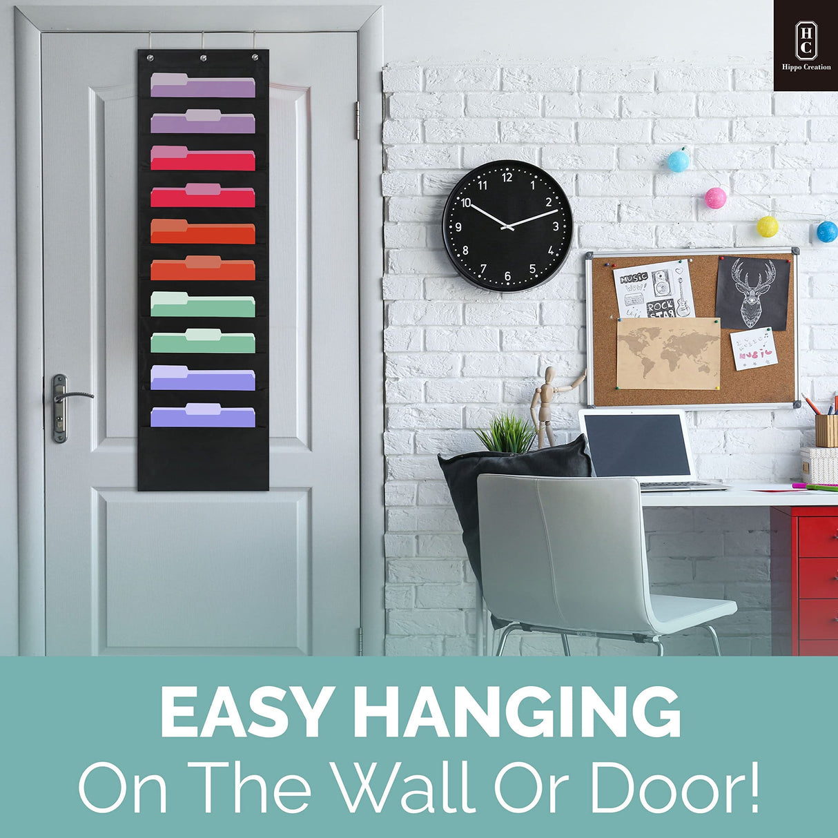 Black Pocket Chart for Classroom - 10 Pocket Storage Rainbow Pocket Charts , 2 Over Door Hangers Included, Hanging Wall File Organizer for File Hippo Creation