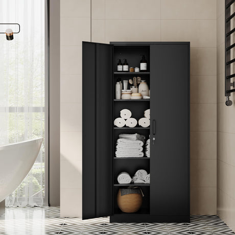 Fesbos Metal Storage Cabinet-72” Tall Steel File Cabinets with Lockable Doors and Adjustable Shelves-Black Steel Storage Cabinet for Home, School, Fesbos