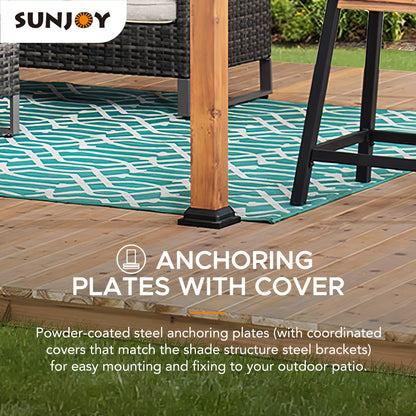 Sunjoy Outdoor Pergola 8.5 x 13 ft. Steel Arched Pergola with Tan Weather-Resistant Fabric Canopy for Patio, Backyard, Garden Activities - WoodArtSupply