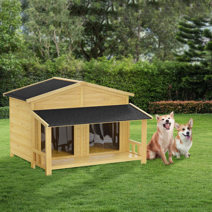 RITSU 47.2" Dog House, Waterproof Dog Kennel, Wooden Outdoor and Indoor Dog House, Log Cabin Style with Porch,Elevated Floor, 2 Doors, Pine Wood + - WoodArtSupply