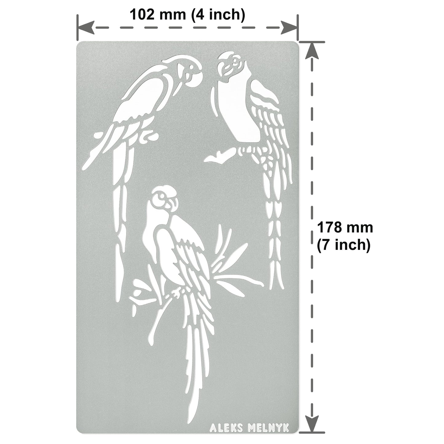 Aleks Melnyk No.472 Metal Stencil, Bird on Tree Branch, Parrots, Wild Animal, Small Stencil, 1 PC, Template for Wood Burning, Engraving, Crafting, - WoodArtSupply