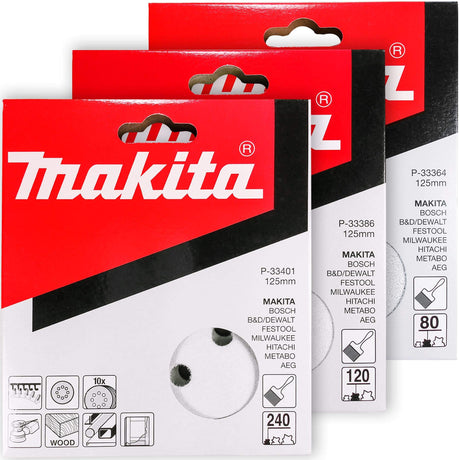 Makita 30 Piece - Multi Grit Sanding Disc Set For 5" Random Orbit Sanders - For Wood, Metal & Plastic - 80, 120 & 240 Grit | 8 Hole Hook-And-Loop Makita