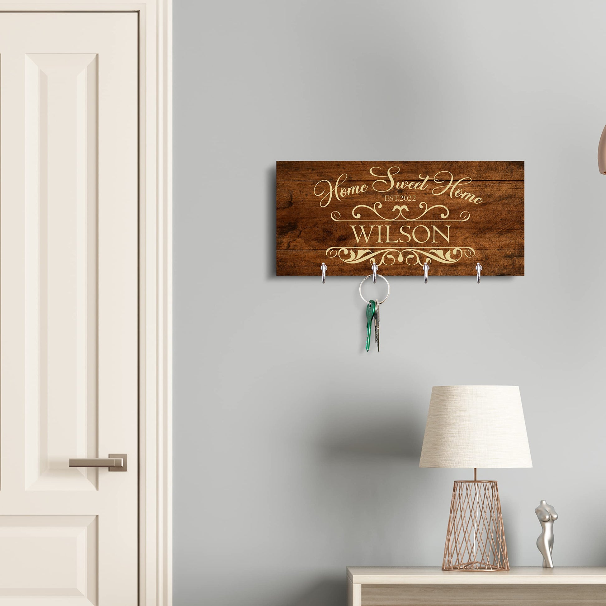 Personalized Key Holder for Wall - Custom Key Hanger with Family Name | 12 Designs, 8 Background Options | House Warming Presents for New Home, - WoodArtSupply