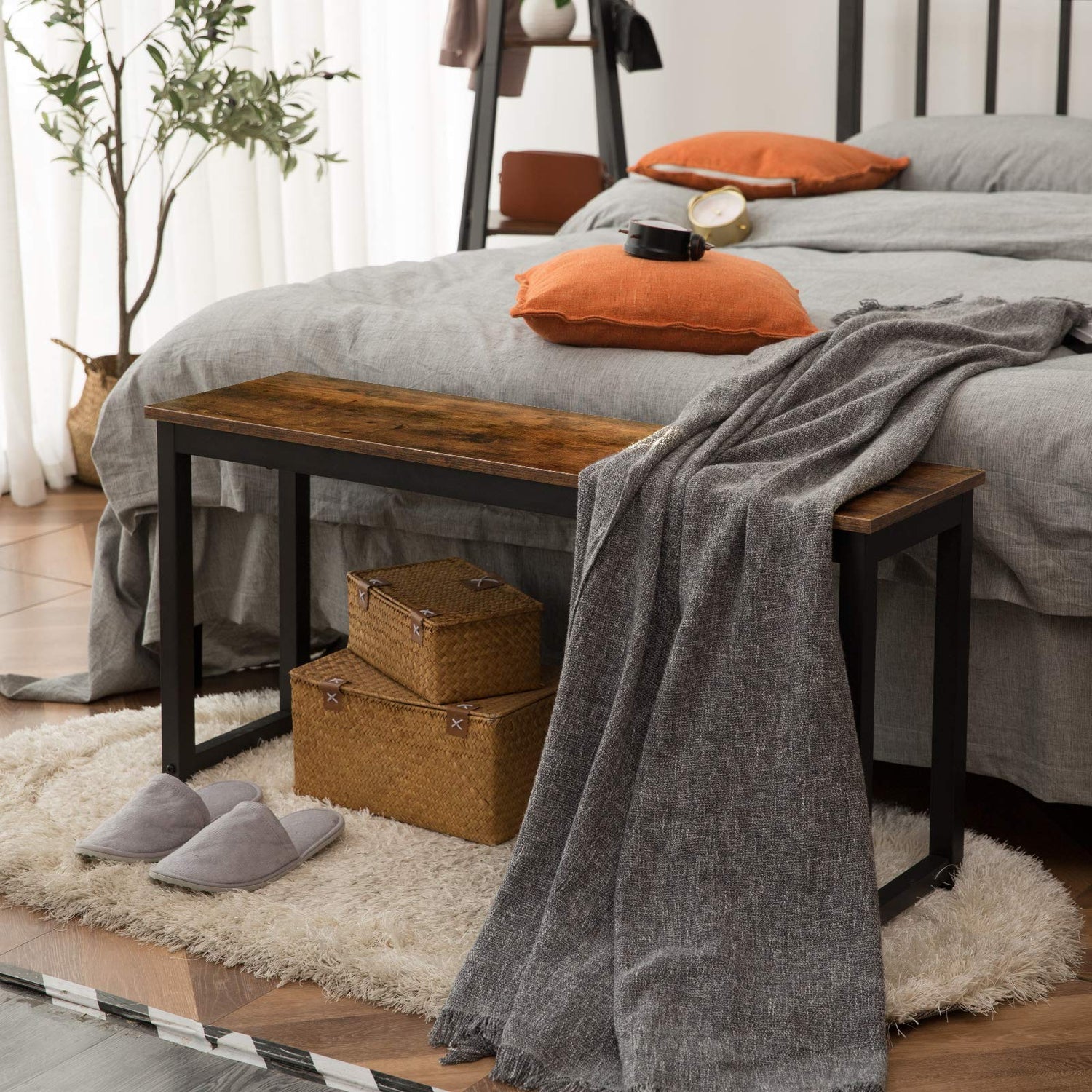 HOOBRO Dining Benches, Pair of 2 Benches, Industrial Style Indoor Benches, Durable Metal Frame, for Kitchen, Dining Room, Living Room, Rustic Brown HOOBRO