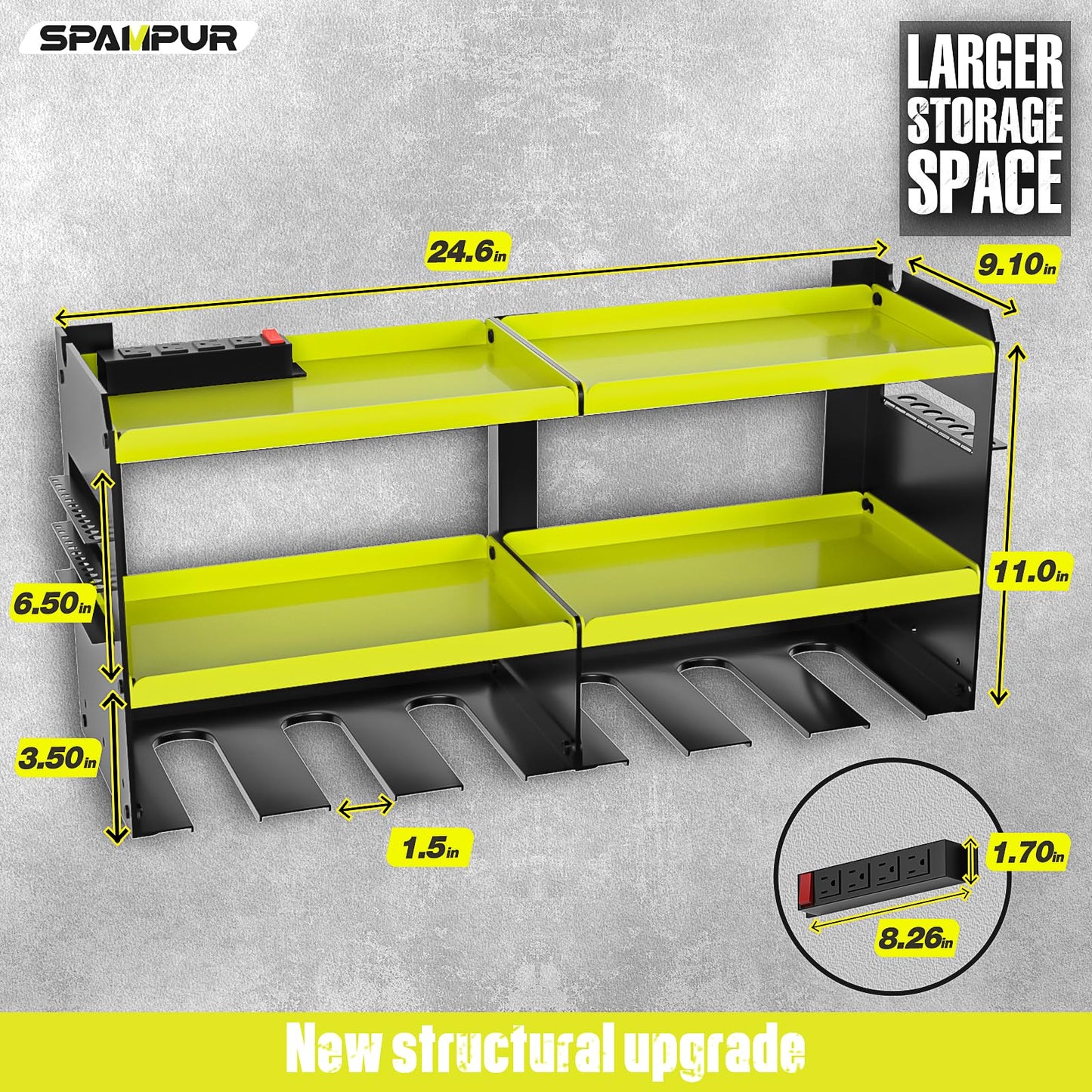 Spampur Power Tool Organizer Wall Mount with Charging Station, Tool Shelf 6 Drill Holders, Heavy Duty Metal Premium Garage Utility Rack, Cordless