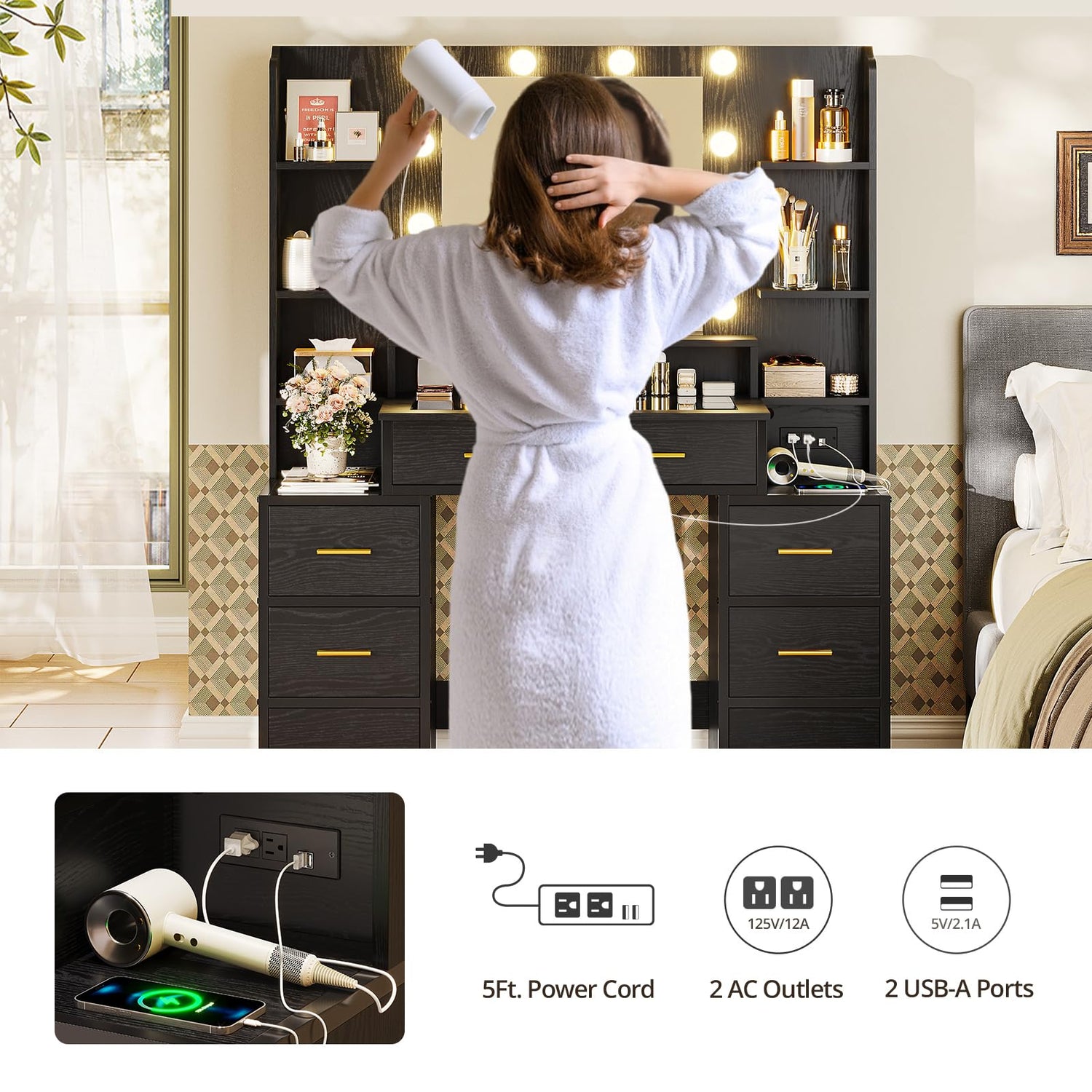 HAUOMS Glass Top Makeup Vanity with Mirror and Lights, Vanity Desk with Power Strip & 10x Magnifying Mirror, Vanity Table with Compartment Stoarge HAUOMS