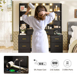 HAUOMS Glass Top Makeup Vanity with Mirror and Lights, Vanity Desk with Power Strip & 10x Magnifying Mirror, Vanity Table with Compartment Stoarge HAUOMS