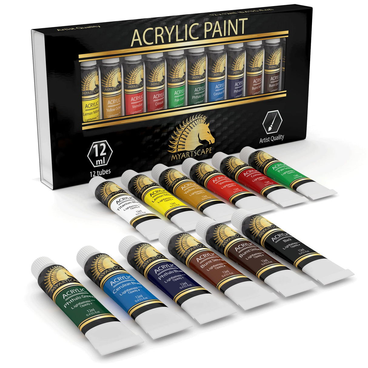 MyArtscape Artist Quality Painting Set - Acrylic Paint - 12 x 12ml Tubes with Miniature Paint Brushes - Set of 12 for Detail & Fine Point Painting MyArtscape
