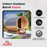 ALEKO Barrel Sauna with Front Porch Canopy | Rustic Cedar Wood | Wet Dry Indoor Outdoor | 3-4 Person Sauna | UL Certified 4.5 kW Harvia Sauna Heater ALEKO