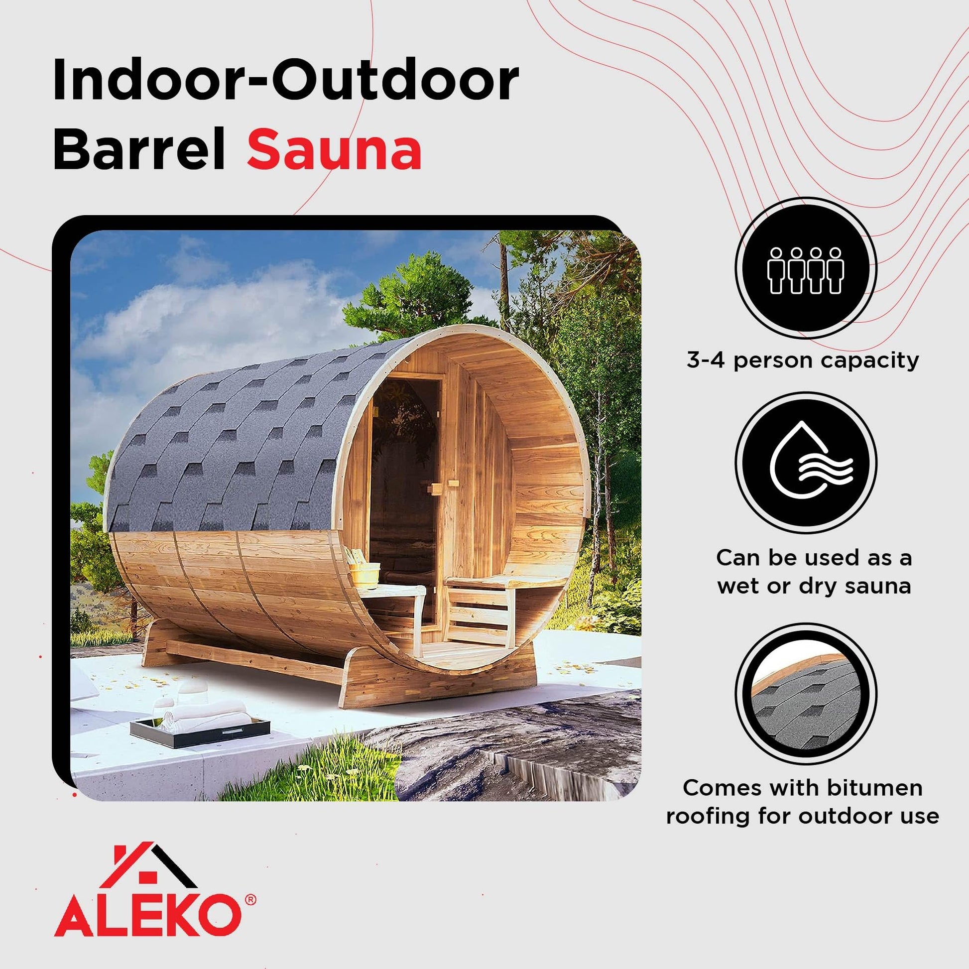 ALEKO Barrel Sauna with Front Porch Canopy | Rustic Cedar Wood | Wet Dry Indoor Outdoor | 3-4 Person Sauna | UL Certified 4.5 kW Harvia Sauna Heater - WoodArtSupply