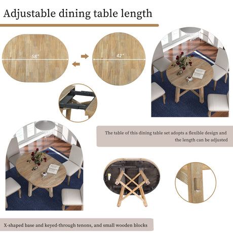 LUMISOL Wooden Dining Table, Farmhouse Round Extendable Dining Table with 16”Leaf, 42”-58” Round Kitchen Table for Dining Room, Living Room, Natural LUMISOL
