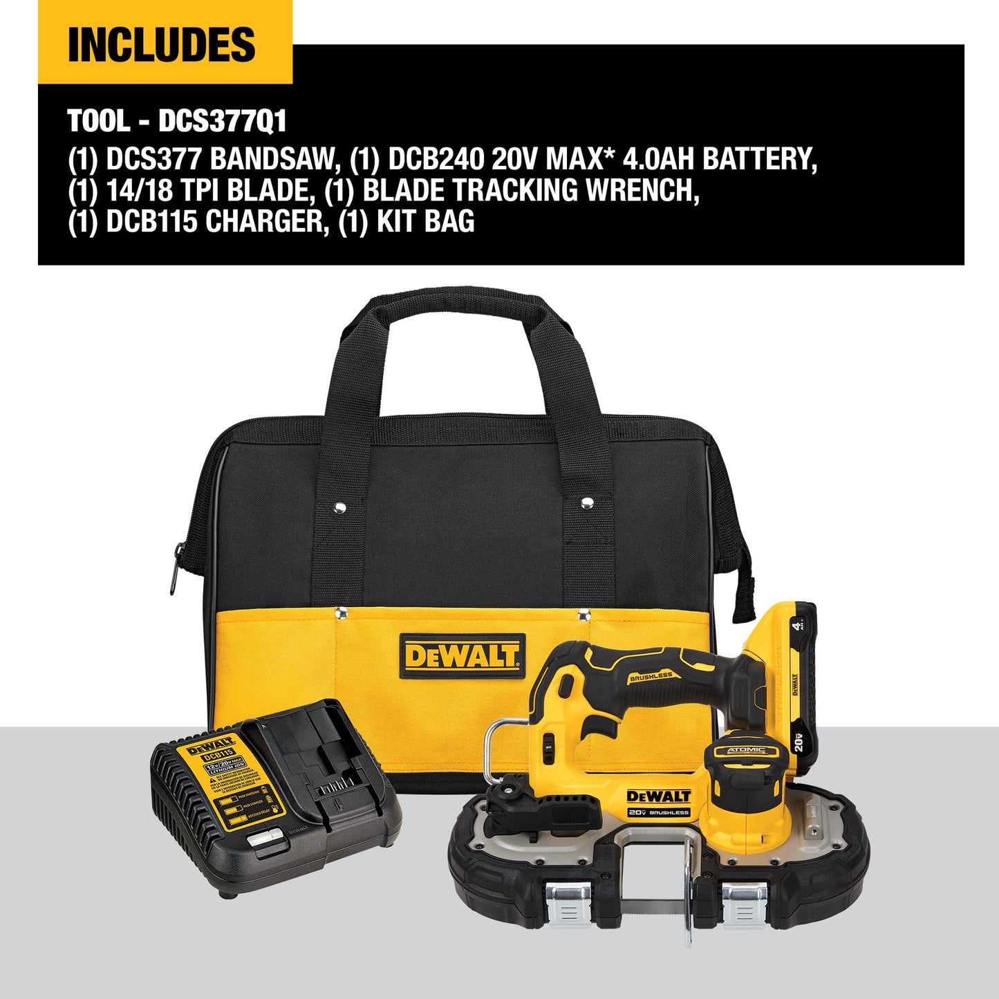 DEWALT ATOMIC 20V MAX* Brushless Cordless 1-3/4 in. Compact Bandsaw Kit (DCS377Q1) - WoodArtSupply