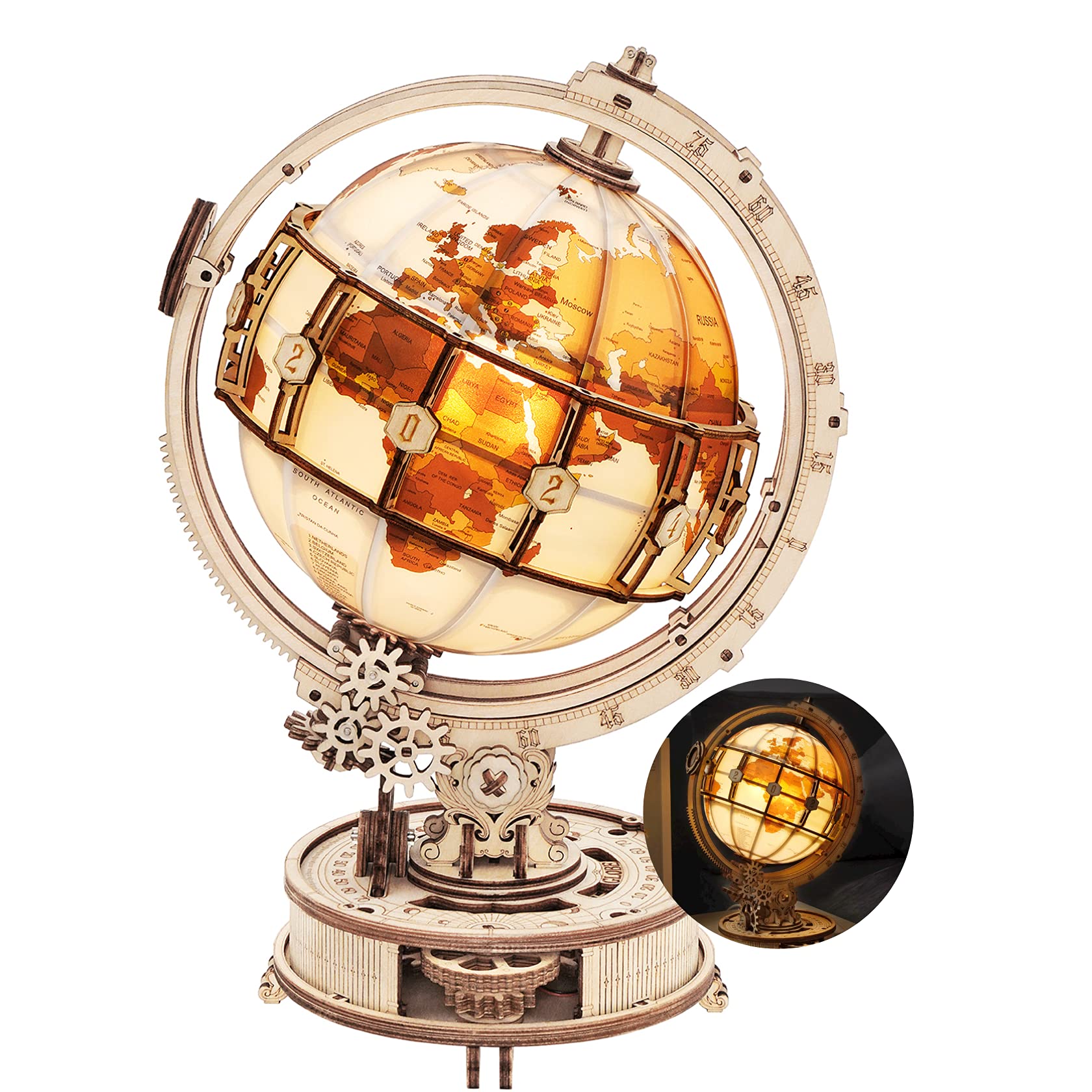 Illuminate Your Space with ROKR 3D Wooden Puzzle Globe Kit - 11.5 Inch Antique-Style with LED, Perfect Hobby Gift for Adults and Teens - WoodArtSupply