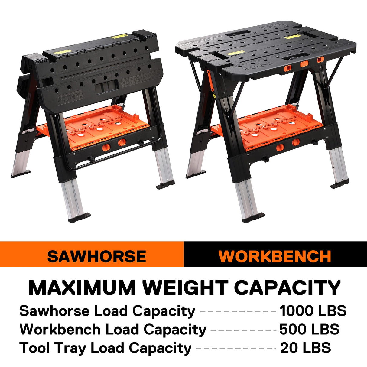 Pony Portable Folding Work Table, 2-in-1 as Sawhorse & Workbench, Load Capacity 1000 lbs-Sawhorse & 500 lbs-Workbench, 31” W×25” D×25”-32”H, with Jorgensen