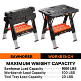 Pony Portable Folding Work Table, 2-in-1 as Sawhorse & Workbench, Load Capacity 1000 lbs-Sawhorse & 500 lbs-Workbench, 31” W×25” D×25”-32”H, with Jorgensen