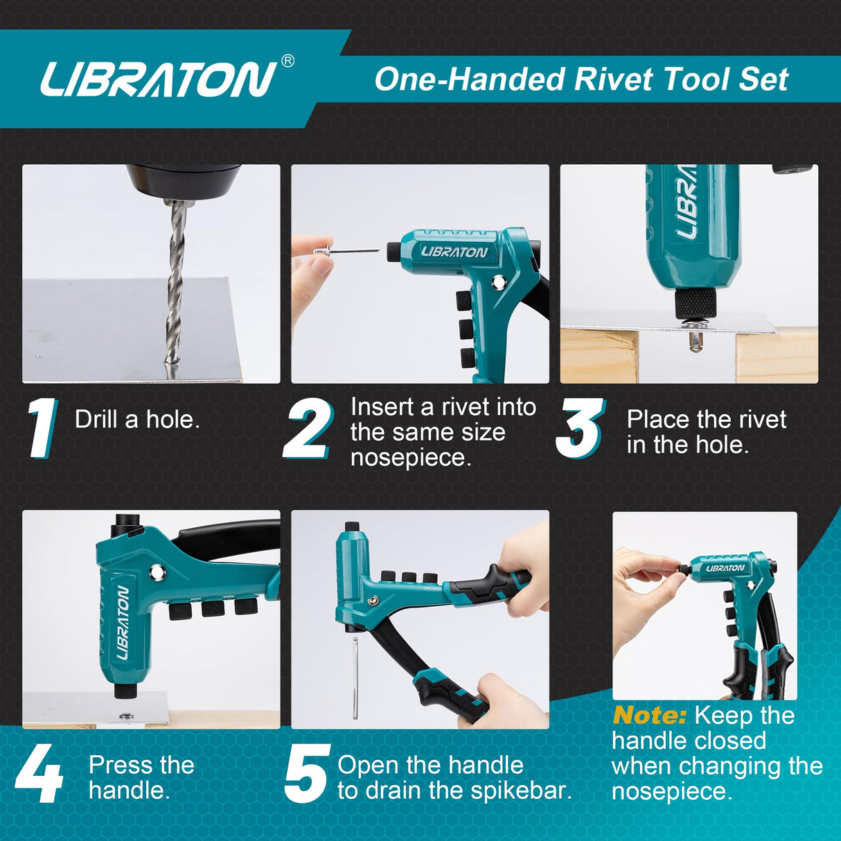 Libraton One-Handed Rivet Gun, Pop Rivet Gun Set, Professional Hand Riveter, Manual Riveting Tool with 200 Rivets for Metal, Includes 4 Drill Bits, 4 LIBRATON