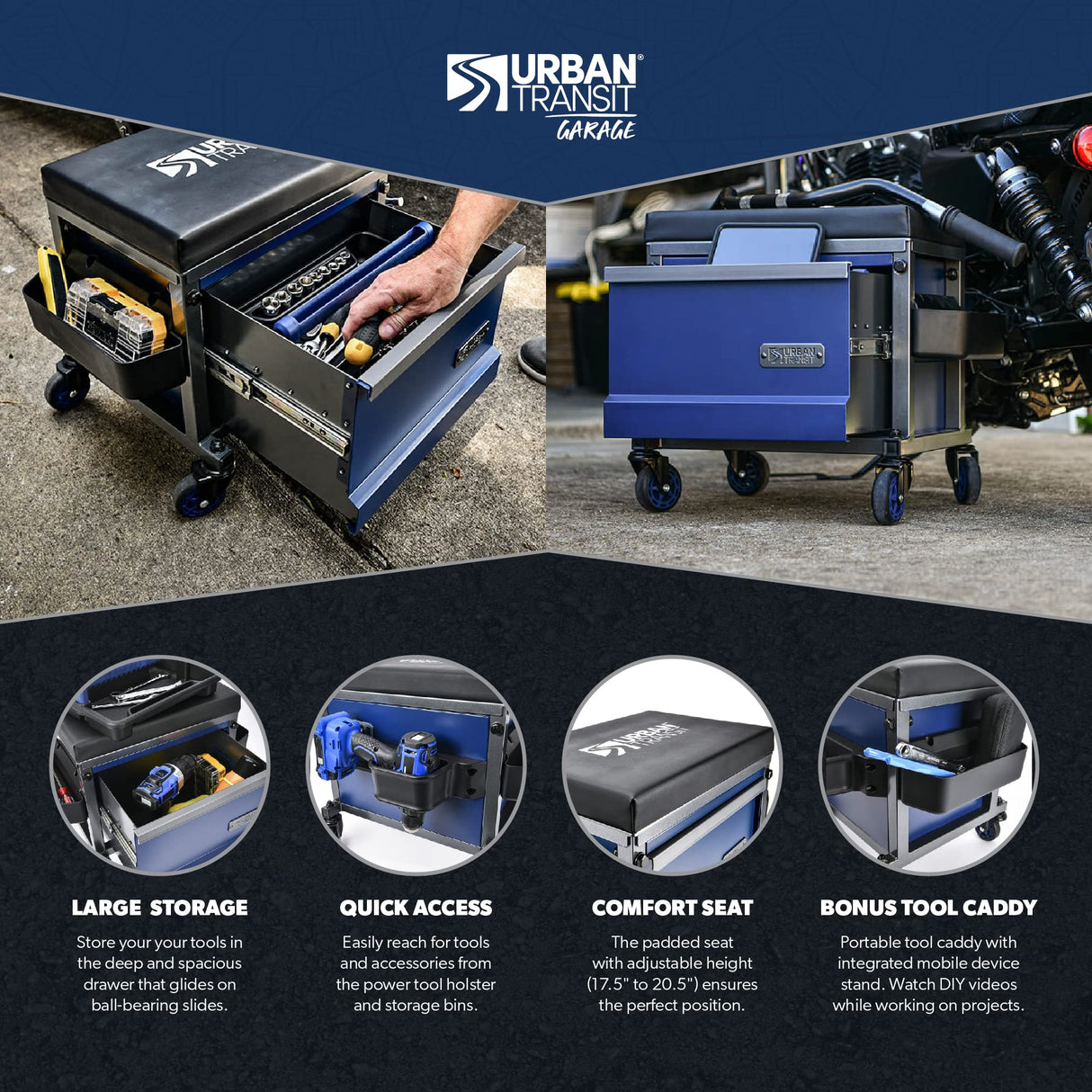 URBANTRANSIT Sidekick Heavy Duty Shop Stool - 500 Lb Capacity Rolling Stool for the Garage and Workshop with Toolbox Storage and 360 Degree Swivel URBANTRANSIT