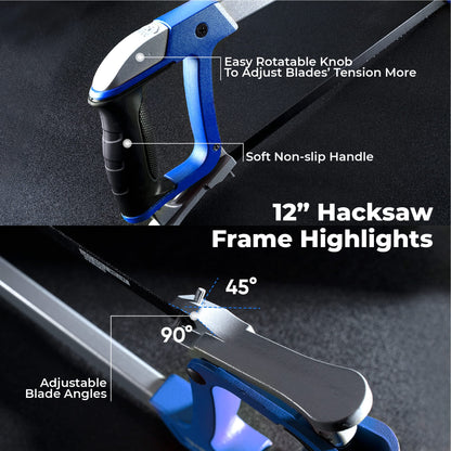 AugTouf Hacksaw Set-12" Hand Saw and 10'' Mini Hacksaw for Metal, Wood, PVC Pipe, Including 4 Blades