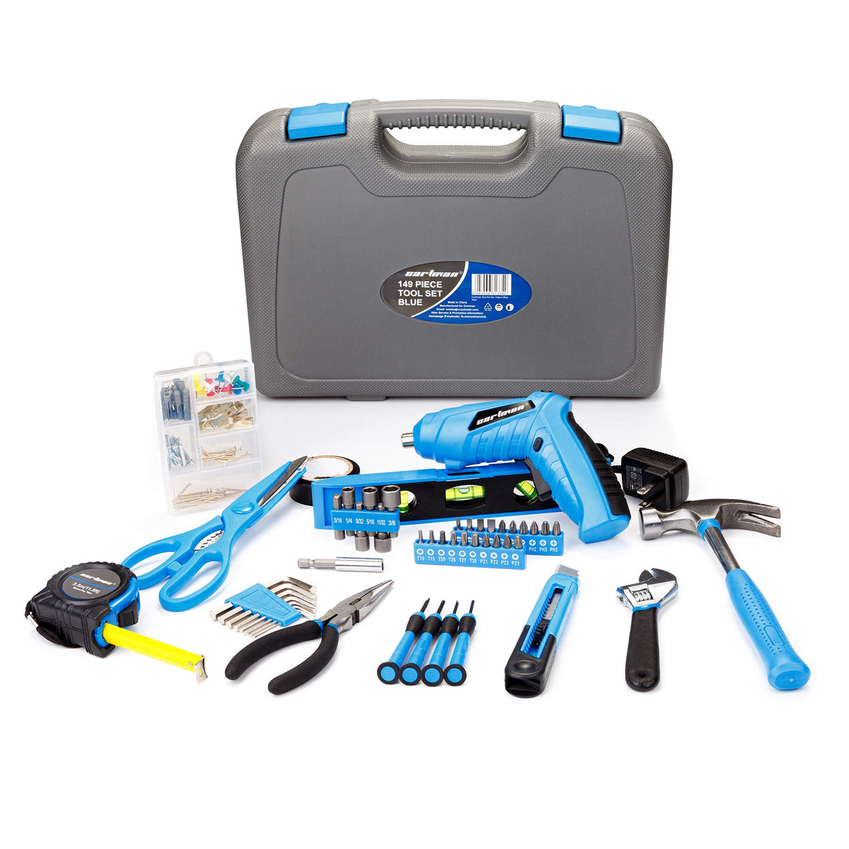 Cartman 149 Piece Tool Set General Household Hand Tool Kit with Cordless Screwdriver Blue CARTMAN