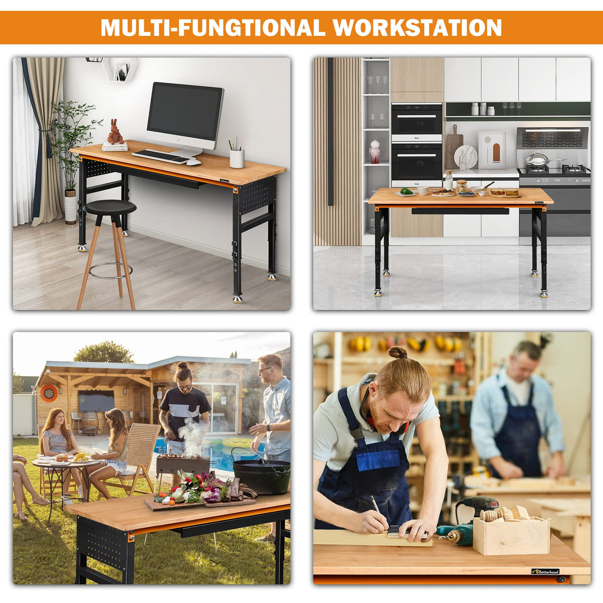 Betterhood 60" Heavy-Duty Adjustable Workbench for Garage, Rubber Wood Shop Table W/Double Pegboards & Drawer,Hardwood Workstation Weight Capacity Betterhood
