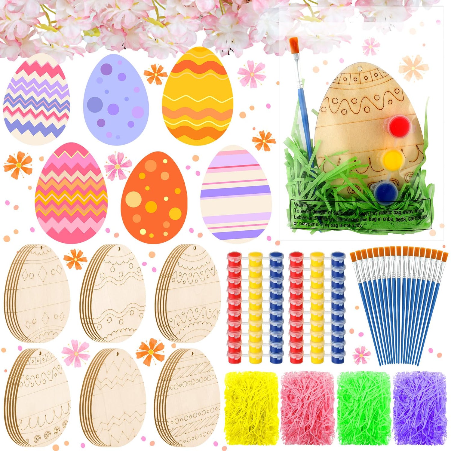Foilswirl 30 Sets Wooden Easter Ornaments to Paint 5" DIY Unfinished Easter Egg Wood Cutouts with Grass Raffia Paper Shreds and Acrylic Paints with Foilswirl