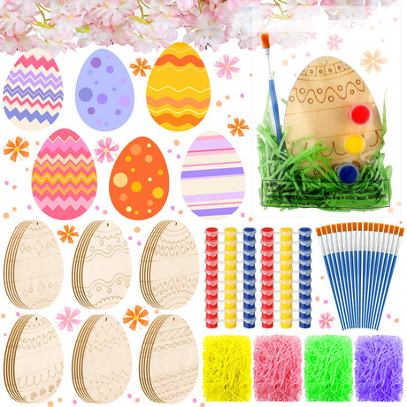 Foilswirl 30 Sets Wooden Easter Ornaments to Paint 5" DIY Unfinished Easter Egg Wood Cutouts with Grass Raffia Paper Shreds and Acrylic Paints with Foilswirl