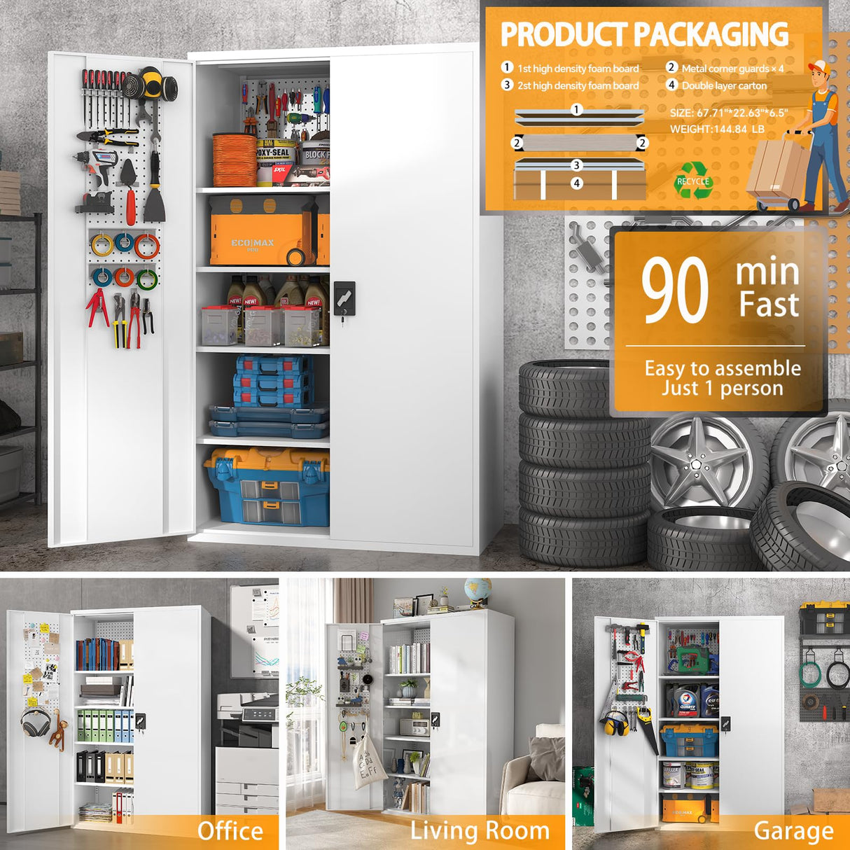 Upgraded Tall & Wide Metal Storage Cabinet with Doors & 4 Adjustable Shelves | Heavy-Duty Black Lockable Garage Cabinet with Wheels & Pegboard for basenji