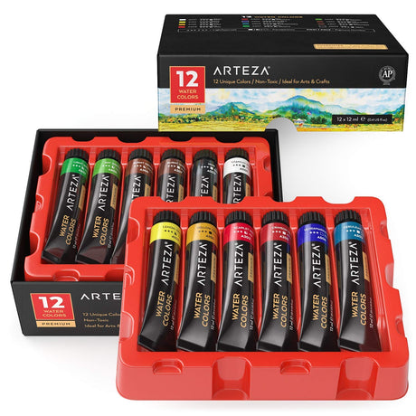 ARTEZA Watercolor Paint Set, 12 Colors in 12 ml/0.4 US fl oz Tubes, Premium Non Toxic Water Colors Paint for Adults, Artists & Hobby Painters, ARTEZA