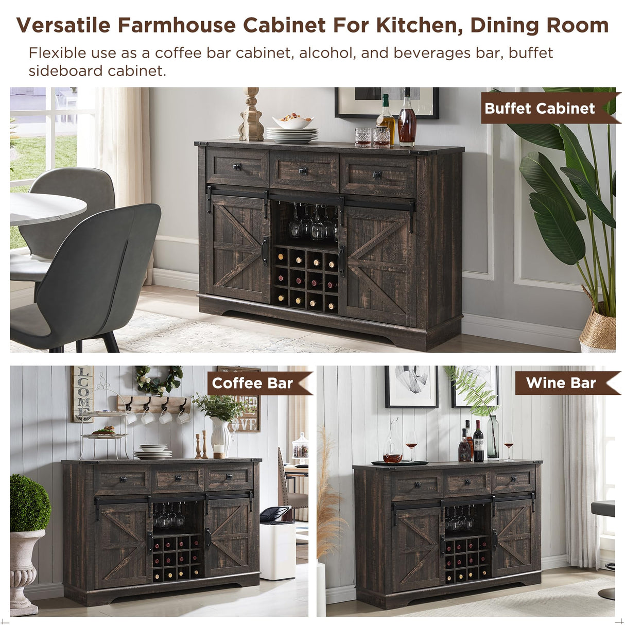 OKD Farmhouse Buffet Cabinet, 54" Sideboard with 3 Drawers, Sliding Barn Door, Wine and Glass Rack, Storage Shelves, Liquor Coffee Bar Cupboard for OKD